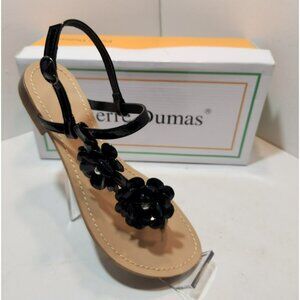 Pierre Dumas Sandals Rosetta Womens Size 7.5 New Black Patent Floral Flats